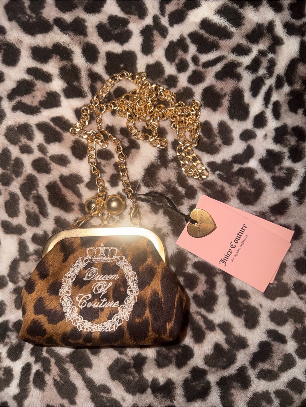 Juicy Couture Leopard Print 'Queen of Couture' Mini Coinpurse with Gold Chain